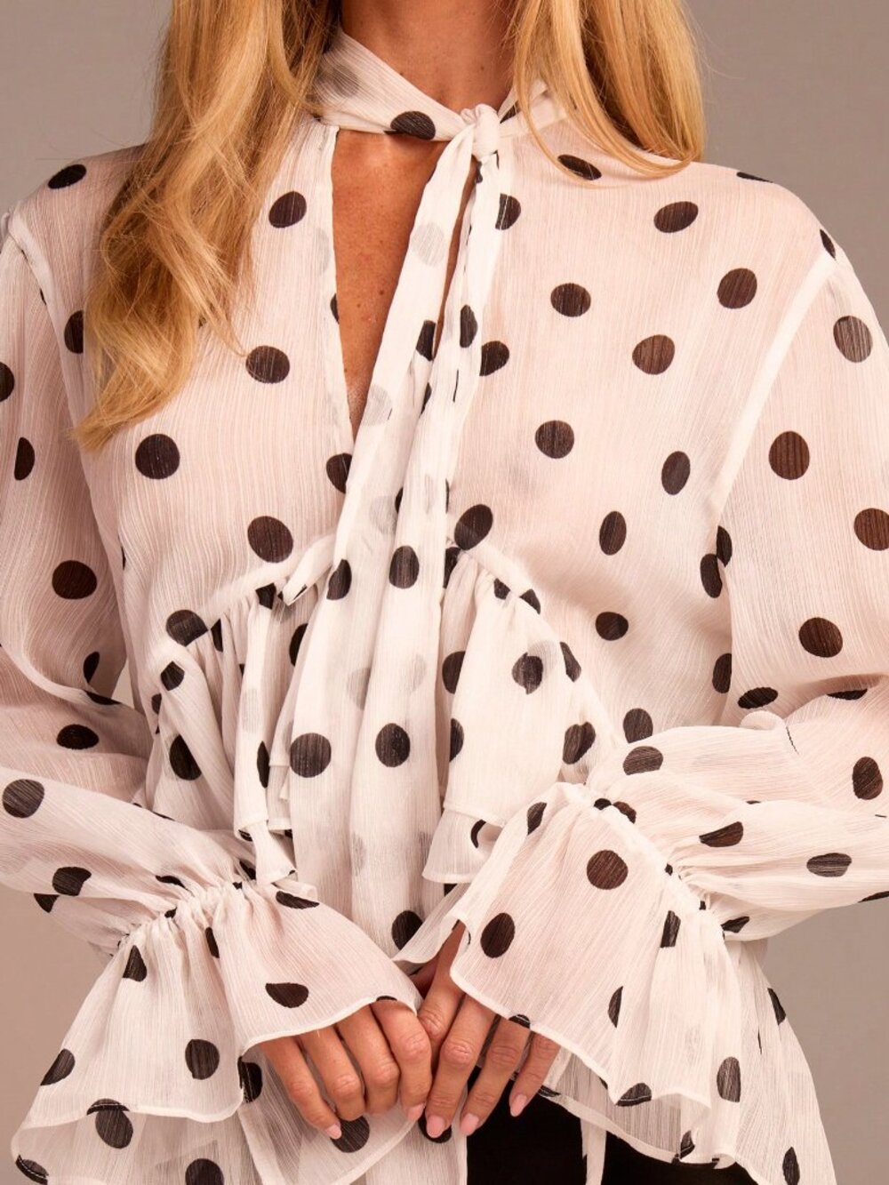 Black And White Elegant Women's Long Sleeve Tie-Waist Ruffle Polka Dot Blouse - Picture 6 of 6